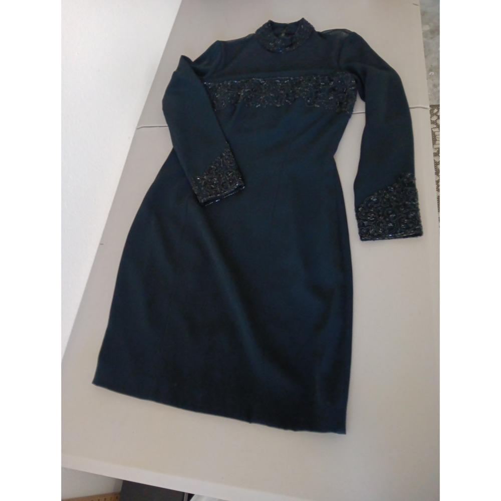 Olga Cassini Jewel‎ Beaded High Neck Dress Black Size Cocktail Party Sheer Midi - Picture 7 of 11